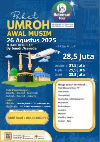 Paket Umroh Hemat Awal Musim,Umrah 1447H,  Btt - Attaqwa, 9 hari, Keberangkat 26 Agustus 2025 